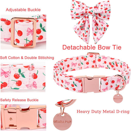 Spring and Summer Dog Collar with Bow Tie, Cherry Bowtie Collar Adjustable for Girl Boy Dog, Spring Pink Bow Collar for Dogs, L