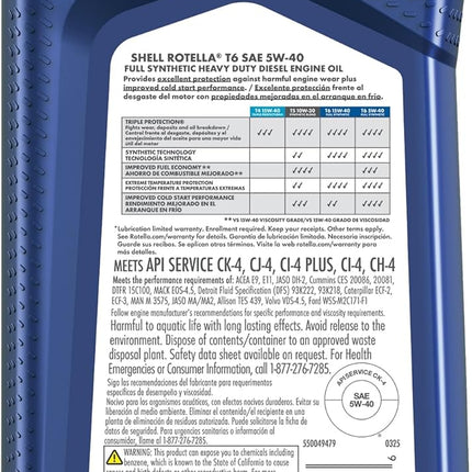 Shell Rotella T6 Full Synthetic 5W-40 Diesel Engine Oil, 1 Quart (6 Pack)
