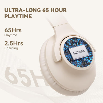 Bluetooth Headphones Over Ear, 65 Hours Playtime Headphones Wireless with Mic, Low Latency Foldable Lightweight Headset with Deep Bass, HiFi Stereo Sound Headphones for School Work (Beige)