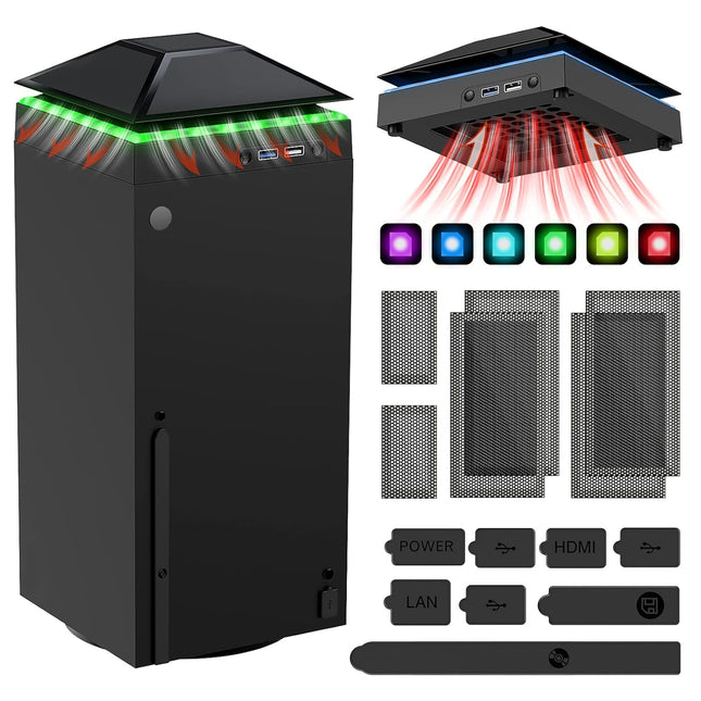Cooling Fan Dust Proof for Xbox Series X Console with Colorful Light Strip,Dust Cover Filter,Rubber Dust Plugs,Low