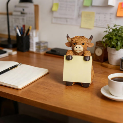 Highland Cow Pop-up Sticky Note Dispenser, Includes 1 Pad of 3x3 in Super Sticky Notes, 100 Sheets, Resin Cute Handmade Desk Holder for Office & Home-Brown