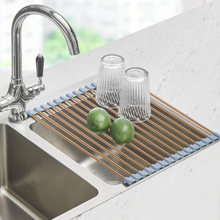 Escurridor enrollable para platos, escurridor sobre el fregadero, escurridor enrollable de cocina, tapete plegable de acero inoxidable para fregadero, 17.5x11.8
