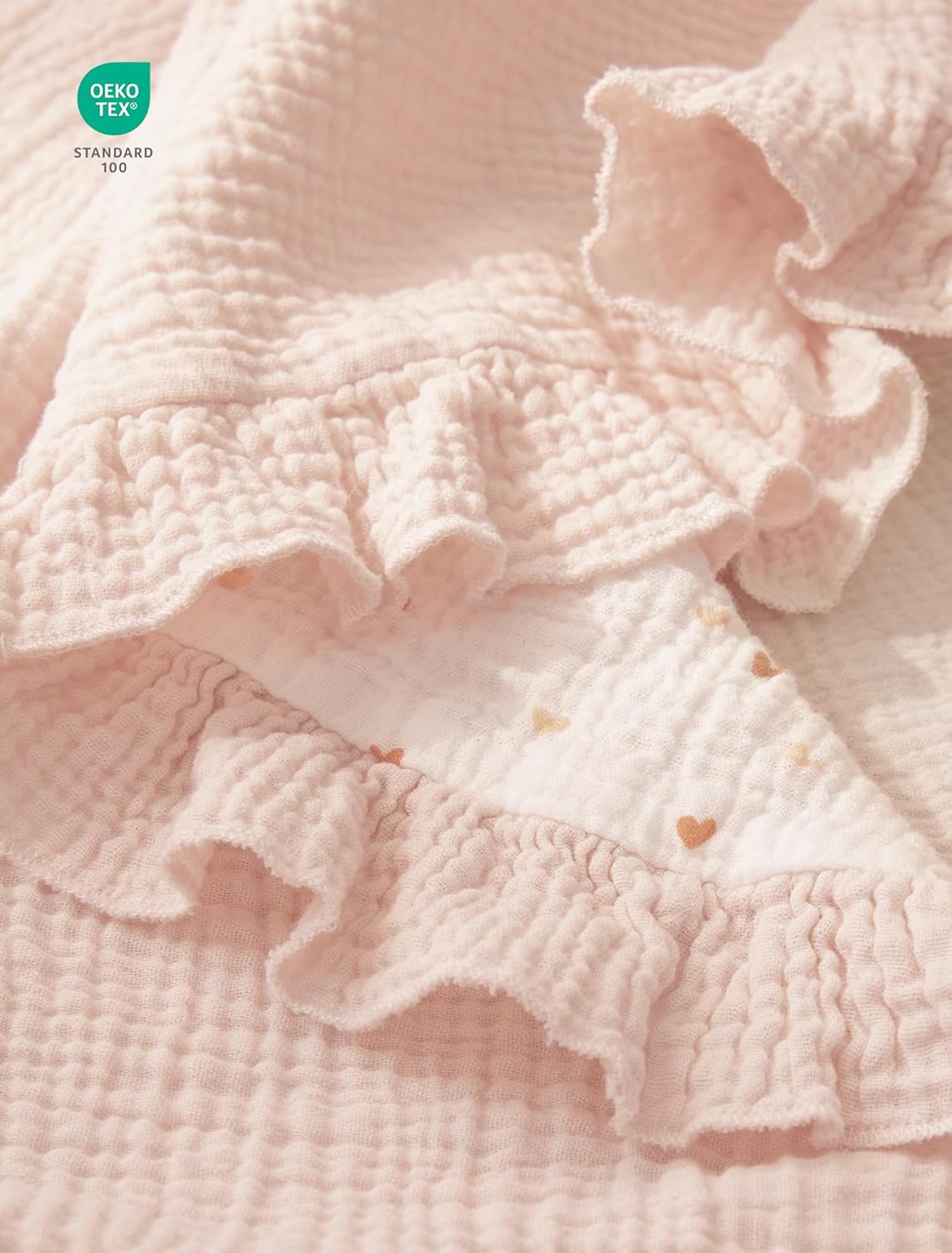 Muslin Ruffle Baby Blanket - Soft Breathable 100% Cotton Newborn Wrap, 40" x 36", Pink Heart - photo 5