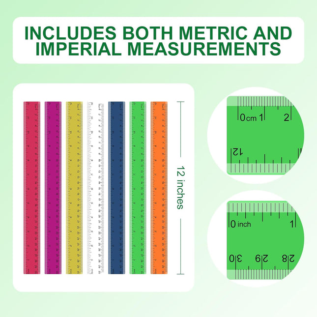 7 Pack 12 Inch Rulers, 30 cm Transparent Rulers, Assorted Color Clear Plastic Rulers with Inches and Centimeters