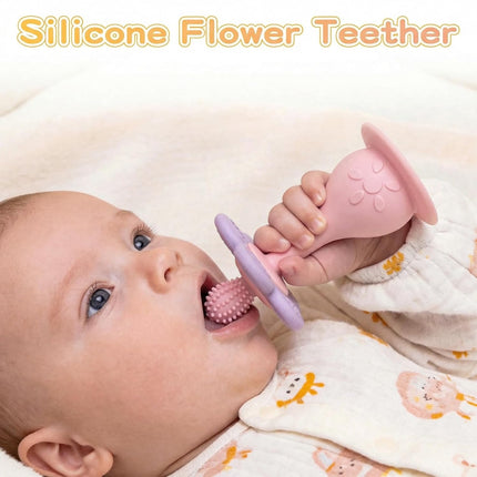 Baby Silicone Flower Teether & Rattle Toys for Babies 0-24 Months, Nipple-Shaped End for Sucking Needs - 360° Toothbrush Teether Head for Sore Gums, Stand-up Base, Flower Texture, Easy to Grip -Pink