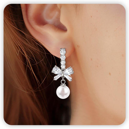 SmileBelle Pearl Earrings For Women, Ear Climbers Earrings For Women Silver Bow Drop Jewelry, Freshwater Pearl Bridal Jewelry As Summer Tassel Accessories for Wedding Gifts