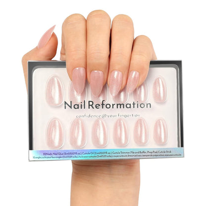 Soft Pink Short Almond Press-On Nails with Glossy Velvet Cat Eye Finish