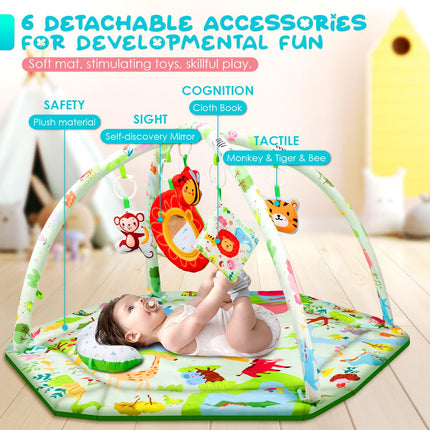 Baby Play Mat,Tummy Time Mat with 6 Detachable Toys-Activity Gym for Visual, Auditory & Motor Development-Washable Baby Activity Mat for 0-12 Month Infants(Animal Theme)