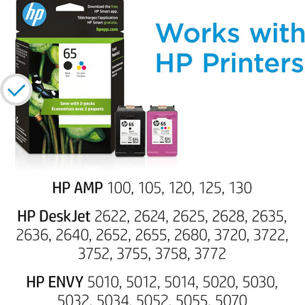 HP 65 Black/Tri-Color Ink Cartridges (2-Pack) | Works with AMP 100, DeskJet 2600, 3700, Envy 5000 | Eligible for Instant Ink | T0A36AN