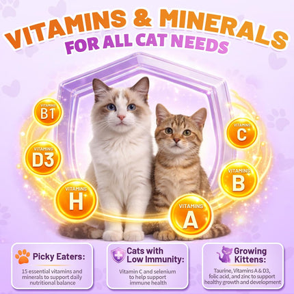 Taurine for Cats Vitamins Treats, 15 in 1 Cat Multivitamin Support Joint, Skin Coat, Digestion, Immunity & Energy, 500 Crunchy & Creamy Chews with Essential Vitamin for Cats All Ages (90-Day Supply)