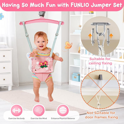 FUNLIO Baby Jumper with a Ceiling Hook for 6-24 Months, Baby Door Jumper for Indoor/Outdoor Play, Jumper Doorway with Adjustable Chain, Easy to Assemble & Store (with a Ceiling Hook) - Pink Butterfly