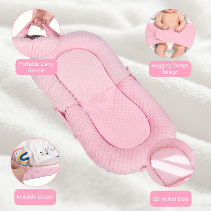 Baby Lounger, 3-in-1 Portable Infant Lounger for Newborns 0-24 Months, Foldable Tummy Time Pillow with Removable Cover, Dual-Sided 100% Cotton and Velvet, Ideal Baby Shower Gifts, Pink Rainbow