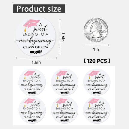 120 Pack Class of 2026 Graduation Stickers, A Sweet Ending to a New Beginning Round Thank You & Invitation Seals for Envelopes, Graduation Party Favor Decorations, Pink, 1.6 Inch