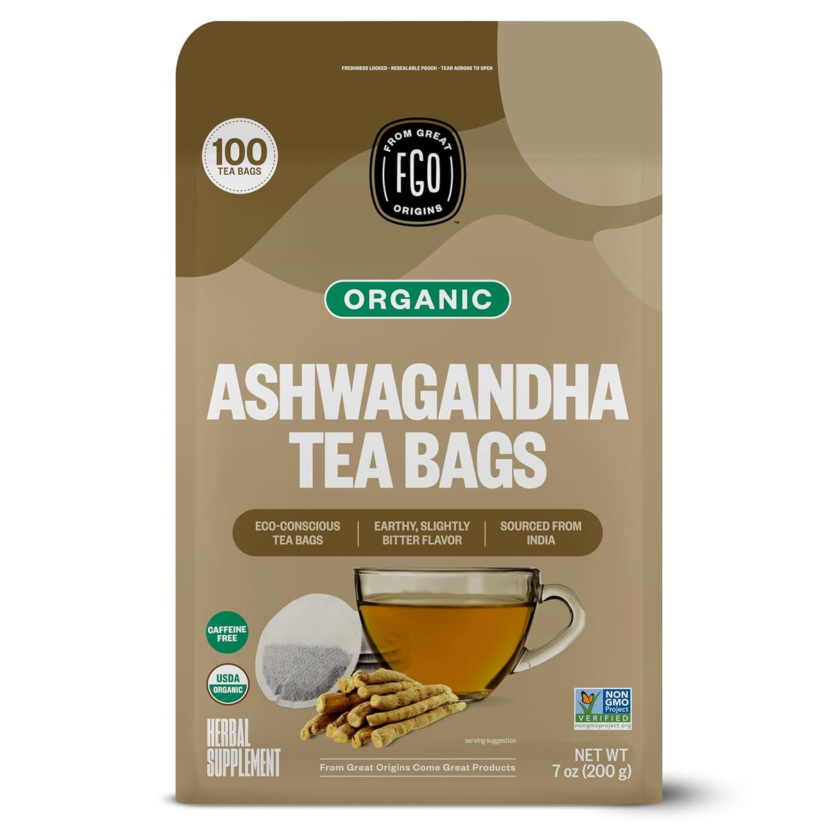 Organic Ashwagandha Tea, 100 Count, Eco-Conscious Herbal Tea Bags, Resealable Bag, Caffeine Free, Packaging May Vary