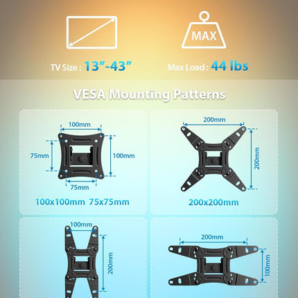 Pipishell Full Motion TV Wall Mount with LED Light for Echo Show 21/15 and 13″–43″ TVs up to 44 lbs, Max VESA 200 x 200mm, Backlit TV Mount with Music Sync, Rotation Swivel Extension Tilt, PISF06B
