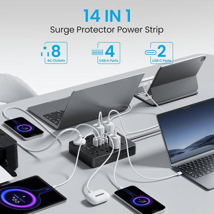Surge Protector Power Strip, 8 Outlets(1250W/10A), 6 USB Charging Ports(2 USB C), 6FT Flat Plug Extension Cord Outlet Extender with Overload Protection, ETL Certified for Office, Dorm Room