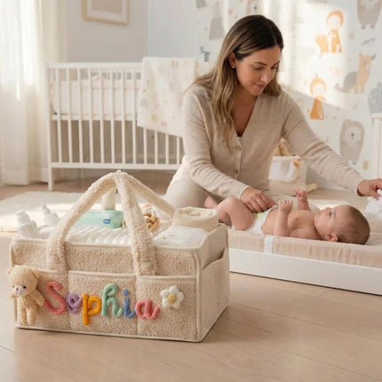 Personalized Plush Baby Storage Basket Customizable with Name and Design Baby Essentials Organizer with Removable Dividers Ideal for Car Storage Nursery Organization And Christening Gifts