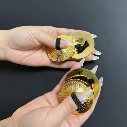 2 Pairs Engraved Belly Dance Finger Cymbals (Zills) - Heavy Brass Tribal Cymbals for Women, Performers & Practice (Gold)