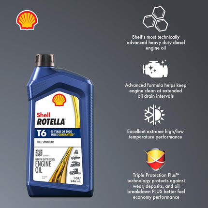 Shell Rotella T6 Full Synthetic 5W-40 Diesel Engine Oil, 1 Quart (6 Pack)