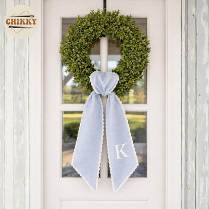 Monogram Wreath Sash Bow for Front Door, Wreath Ribbon with Adjustable Bow Knot Farmhouse Door Wreath Decor Monogram Embroidered Sash for Holiday,Wedding,Memorial (12 - Initial)