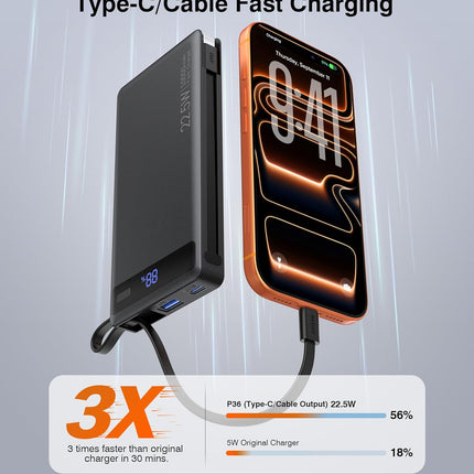 Power Bank with 2 Built-in Cables 10000mAh, 22.5W PD Slim Portable Charger USB C Battery Pack, Travel Essentials Fast Charging Powerbank Compatible with iPhone 17 16 15 14 Plus Pro Samsung iPad etc