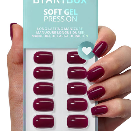 Press On Nails, uñas postizas ovaladas cortas rojo oscuro, 32Pcs kit completo
