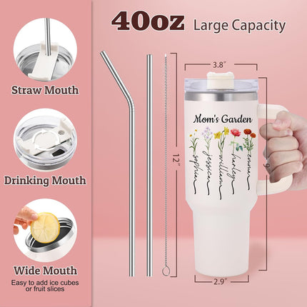 Elemtansy Mothers Day Personalized Mom Tumbler with Kids Names, Custom Birthday Gifts for Mom from Daughter and Son, Stainless Steel 40 Oz Mama Tumbler, Gifts for Grandma