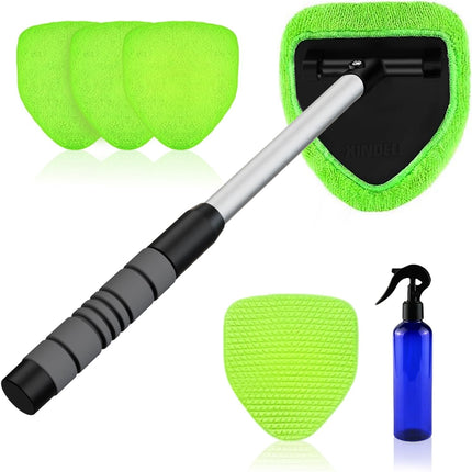 XINDELL Windshield Cleaner Tool – Car Interior Window Cleaning Kit with Extendable Handle & 4 Microfiber Pads, Auto Wiper Inside Windshield Brush for Car & Home Windows