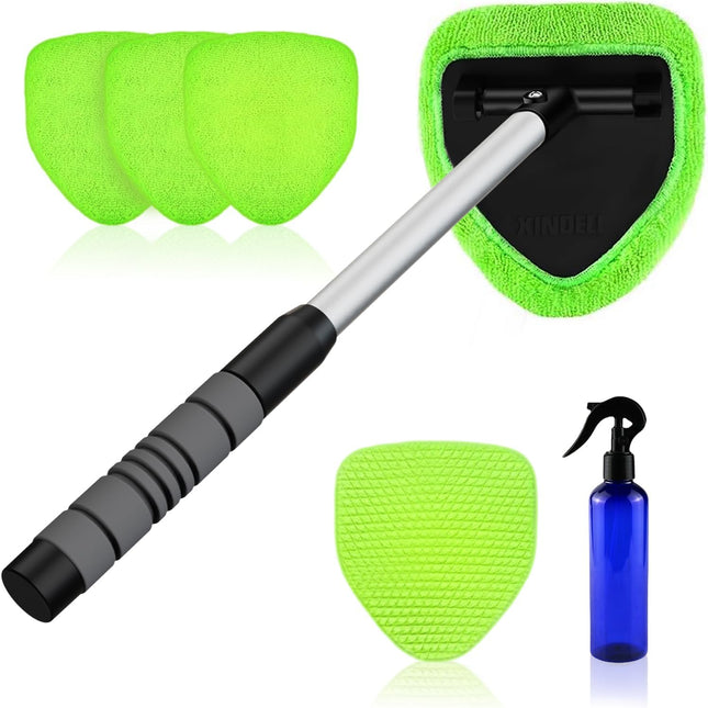 Windshield Cleaner Tool – Car Interior Window Cleaning Kit with Extendable Handle & 4 Microfiber Pads, Auto Wiper