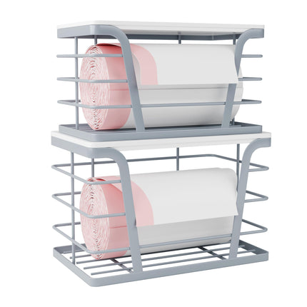 2 Pack Stackable Storage Laundry Kitchen Organizers, Wall Mount Trash Bag Holder with Bamboo Top and Garbage Bag Dispenser No Drill