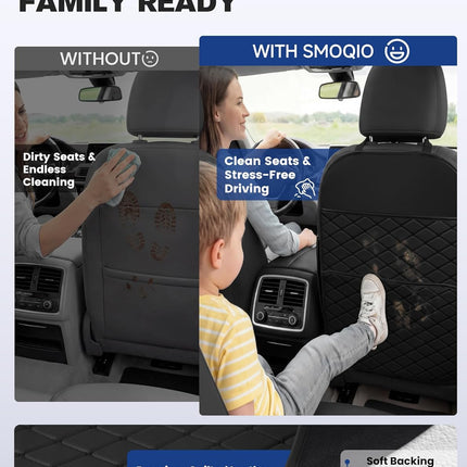 Seat Back Protectors for Kids, Car Kick Mats for Back of Front Seats with Large Pocket Organizer, Waterproof, Protects Against Dirt, Scuffs & Scratches, Fits Most Vehicles, 2PCS (Black)