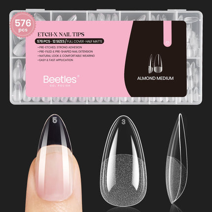 Medium Almond Nail Tips 576pcs 12 Sizes Pre-Etched Soft Gel Tips