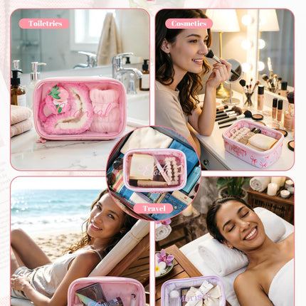 Personalized Cosmetic Bag for Women Girls, Free Custom Waterproof Travel Makeup Pouch with Zipper, Cute Toiletry Bags for Wedding Faver, Birthday Mother's Day Bridesmaid Gifts(Pink and White Bow