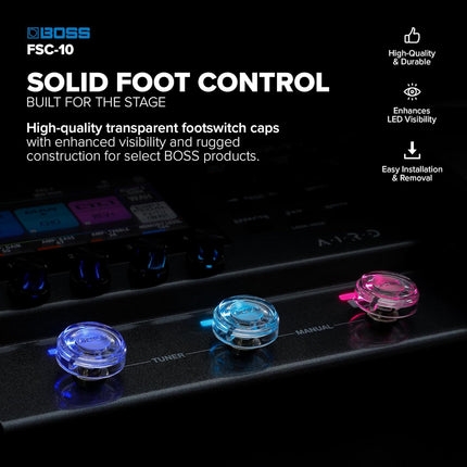 BOSS FSC-10 | Footswitch Caps | 10 Pieces | Transparent & Rugged Design | Enhances LED Visibility | Easy Installation & Removal | Compatible with Select BOSS Multi-FX, Pedals, Switchers & More