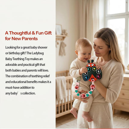 BIGSPINACH Teething Toy & Pacifier Clip Set,Ladybug Pop-It Teether & Pacifier Hold,Multi-Textured Chew Toy with Number Buttons for Early Learning, Baby Teething Relief (Black+Pink)