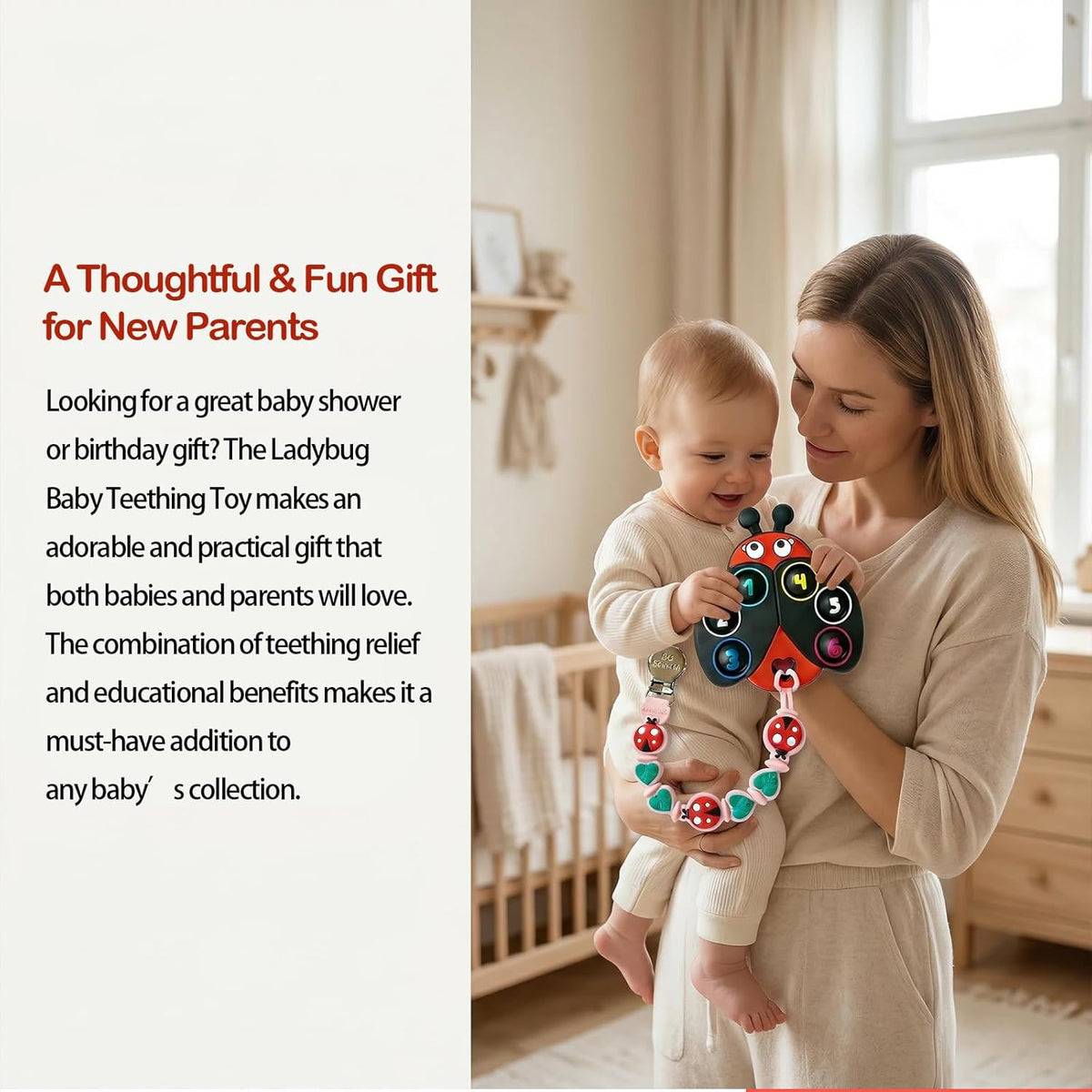 Teething Toy & Pacifier Clip Set,Ladybug Pop-It Teether & Pacifier Hold,Multi-Textured Chew Toy with - photo 4