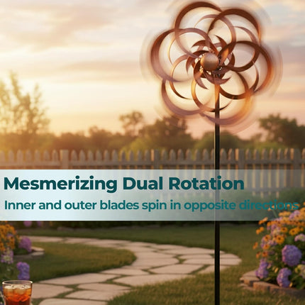 63" Metal Wind Spinner Outdoor, Double-Sided Kinetic Yard Spinner, Smooth Spinning Garden Decor, Stable 5-Prong Stake, Copper Yard Art for Lawn & Patio