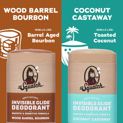 Dr. Squatch Invisible Glide Natural Men’s Deodorant – Smooth Glide, No Stains – Aluminum Free Deodorant Men – Safe for Sensitive Skin – Wood Barrel Bourbon + Rainforest Rapids, 2.65oz (2-Pack)