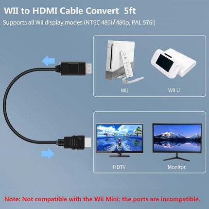 5ft WII to HDMI Converter Cable Adapter,for use with Full HD 1080P Devices with an HDMI Port,Compatible with WII,U,HDTV, Monitor (Black)