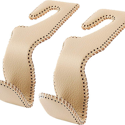 AMVOYOA Headrest Hooks for Purses and Bags, Car Back Seat Headrest Hanger Vehicle Beige Leather Storage Hook, Pack of 2