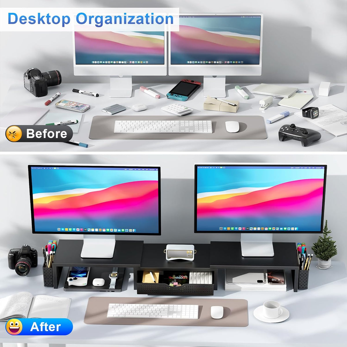 Dual Monitor Stand Riser Desk Organizer in Black - photo 2