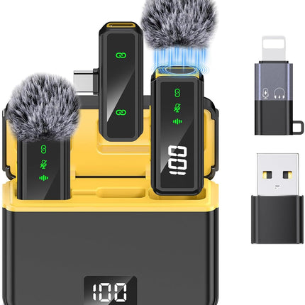 Mini Lavalier Microphone for iPhone/Android/PC, Lav Mic with 45H Battery, Noise Cancellation, 48KHz 16-Bit, Wireless Mic for Video Recording, Tiktok, YouTube, Vlog (Black+Yellow)