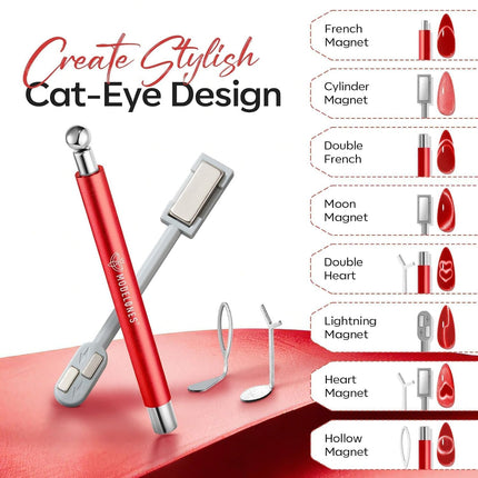 modelones Cat Eye Magnet for Nails, 3-in-1 Red Cateye Gel Polish Magnet Pen & Heart-Shaped Magnet & Ball &Hole &Lightning Magnet Multi-Effect Magnets for Mother's Nail Art Lovers DIY Salon