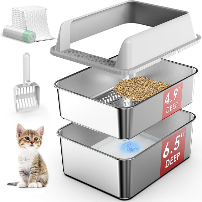 Stainless Steel Litter Box with Lid, Sifting Litter Box for Pine Pellets, 17.3”×13.4”×10.5” Enclosed Metal Litter Boxes