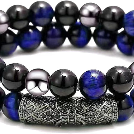 2Pcs Triple Protection Bracelet,Natural Tigers Eye Black Obsidian and Hematite 8 MM Beads Bracelet for Men Women Gift, Healing Crystal Bracelet Bring Luck and Prosperity and Happiness