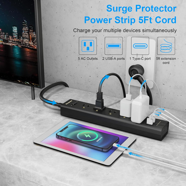 2 Pack Power Strip Surge Protector-5 Widely Spaced Outlets 3 USB Ports(1 USB