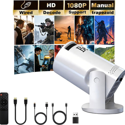 Mini projector, with wired screen sync 4K 1080P portable projector 180° rotation. 17-130" screen video projector. Compatible with smartphones, laptops.