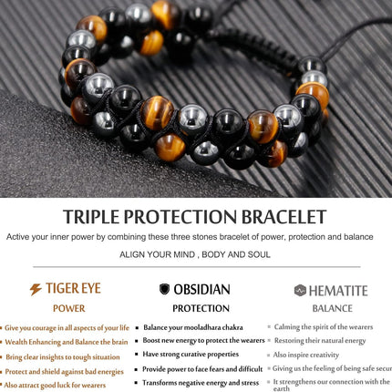 HASKARE Triple Protection Bracelet for Men - Genuine Tigers Eye Black Obsidian Hematite 8mm Natural Stone Beads Stretchy Healing Crystal Jewelry, Anxiety Relief Energy, Ideal for Dad Husband Christmas Birthday