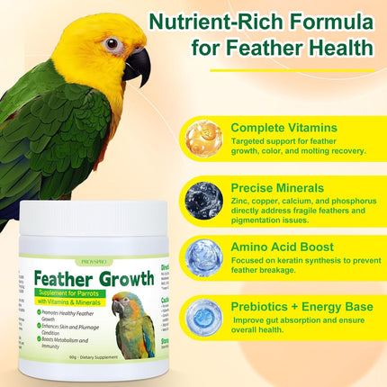 Parrot Feather Growth Supplement with Vitamins & Minerals Bird Feather Support Powder for Healthy Plumage Skin Condition Metabolism Support for Parrots and Companion Birds 60g