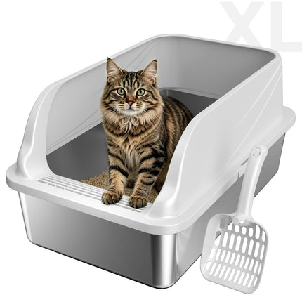 Arenero para gatos de acero inoxidable con tapa, arenero metálico XL de lados altos